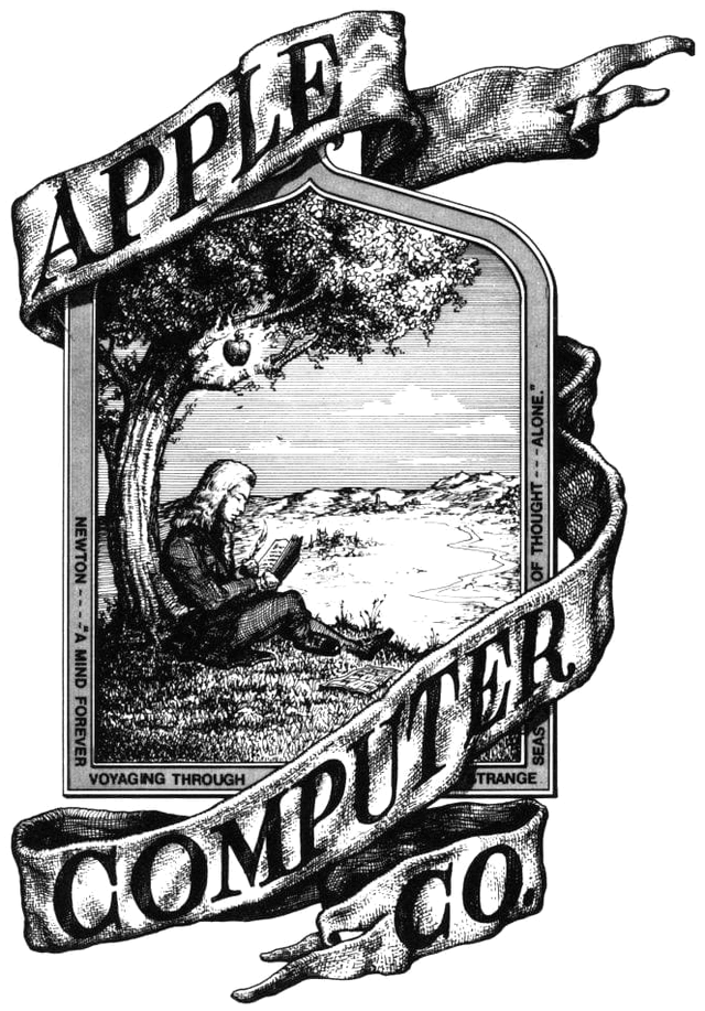 Apple Computer Co.'s original 1976 logo: an engraved seal of Isaac Newton reading beneath the apple tree, wrapped in ribbons lettered APPLE and COMPUTER CO.